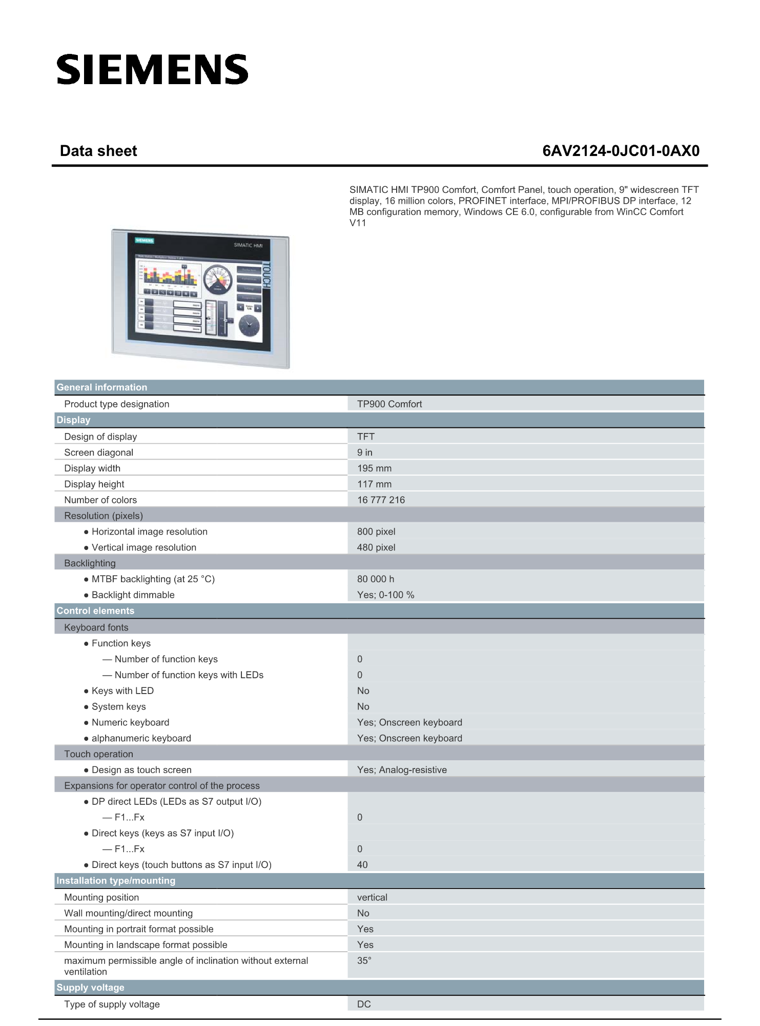 SIEMENS SIMATIC TP900 Comfort Touchscreen