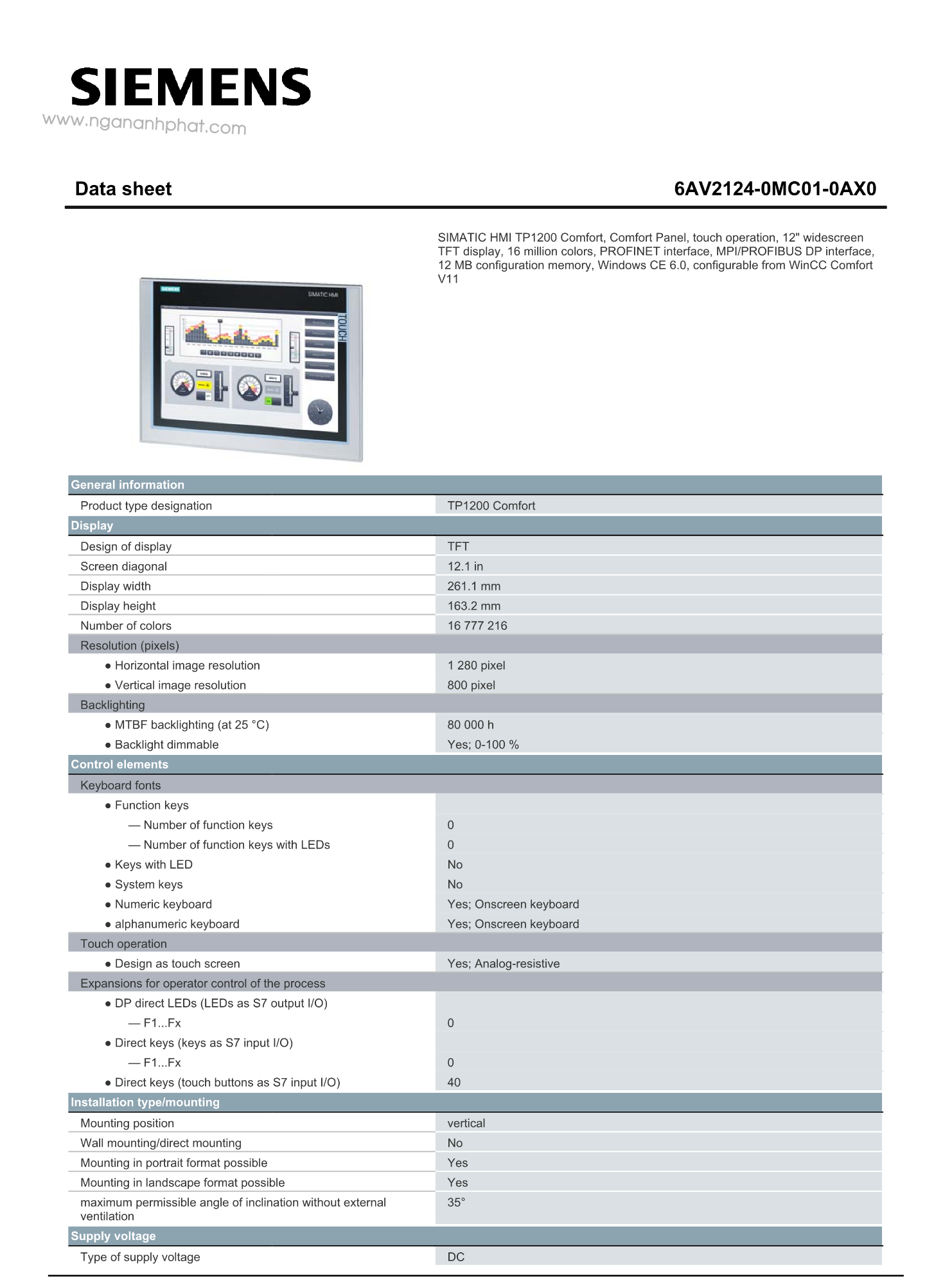 HMI Siemens TP1200 6AV2124-0MC01-0AX0