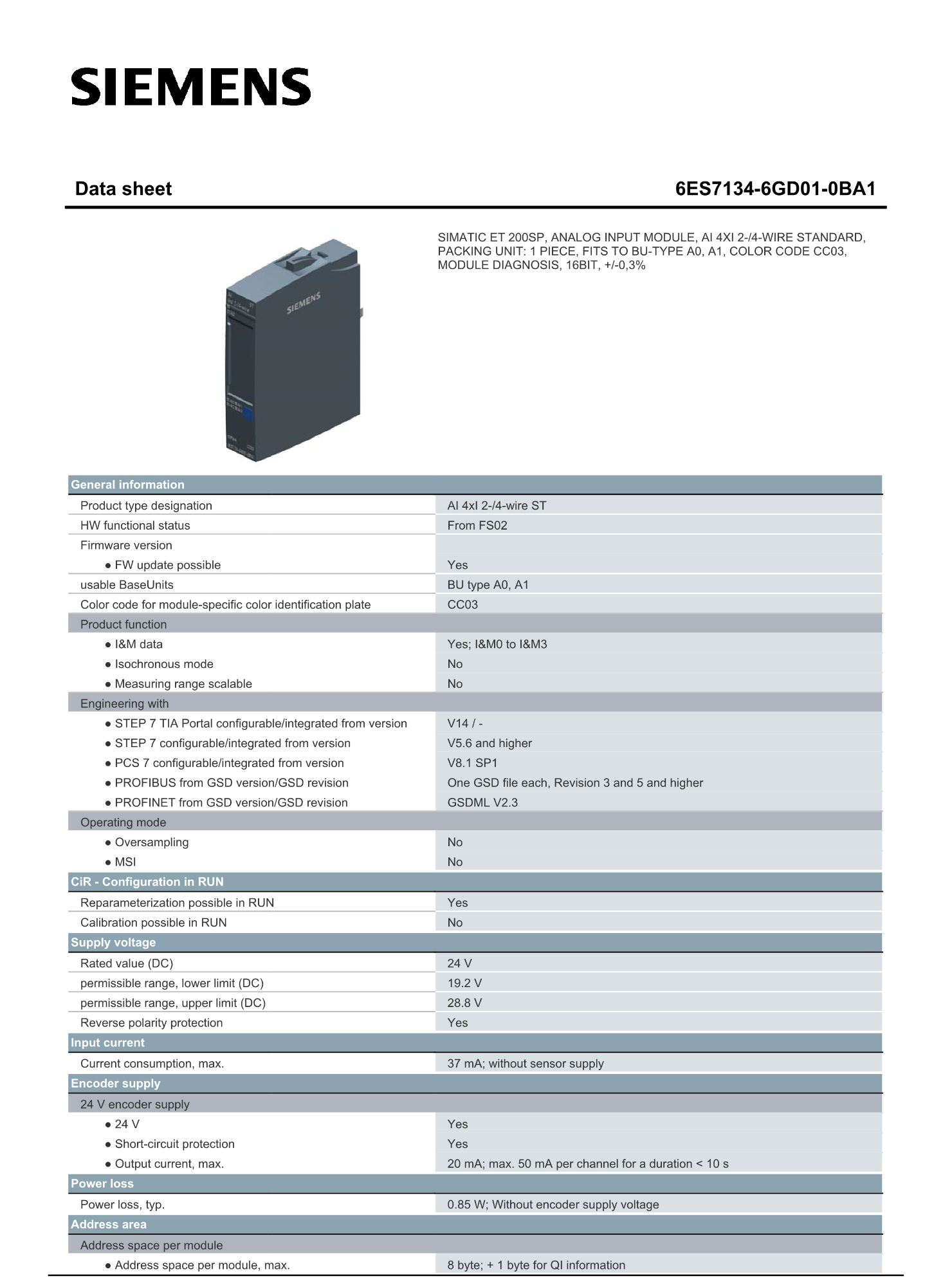 Module Analog Input SIEMENS 6ES7134-6GD01-0BA1