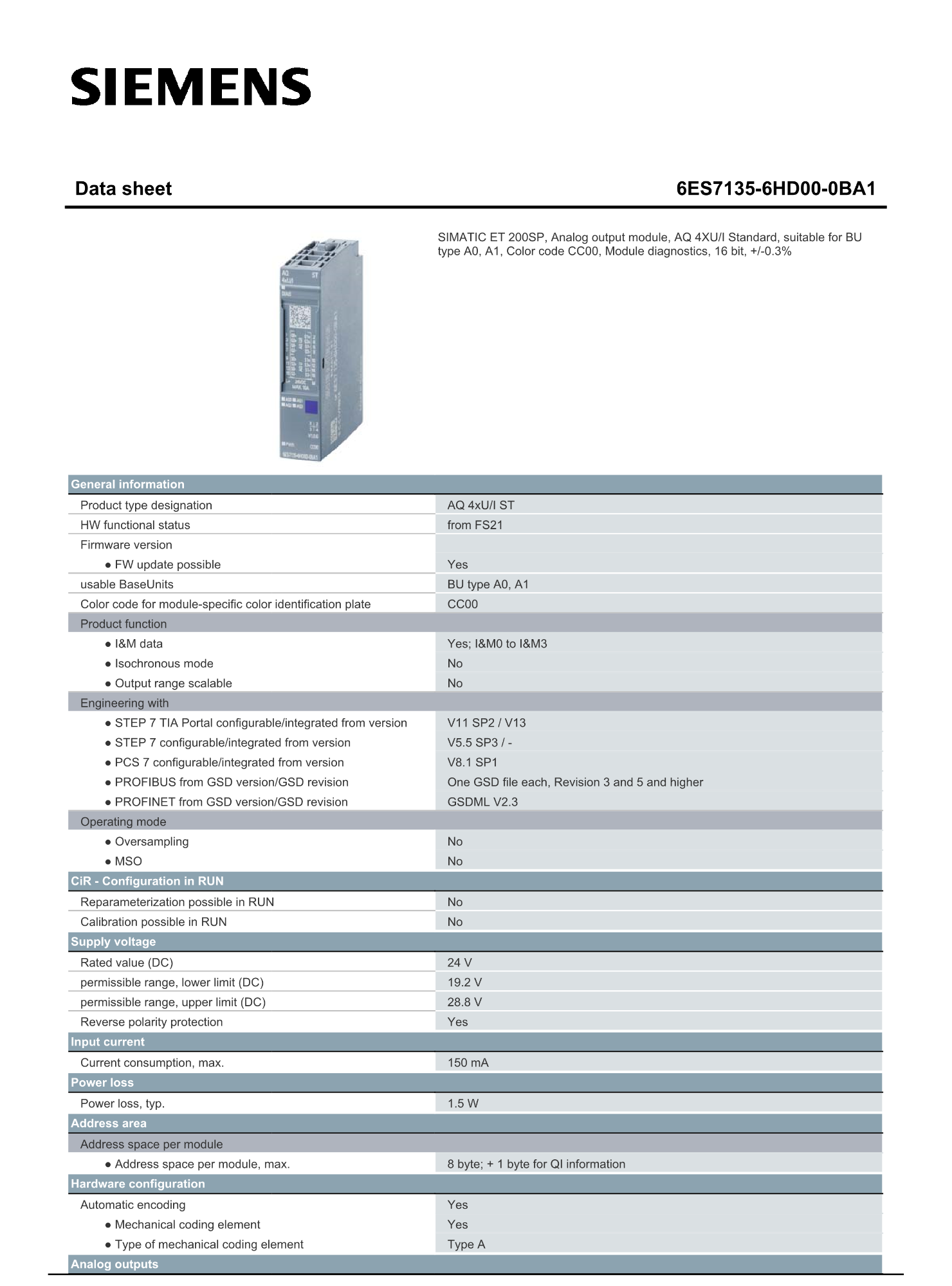 SIEMENS 6ES7135-6HD00-0BA1 Analog Module
