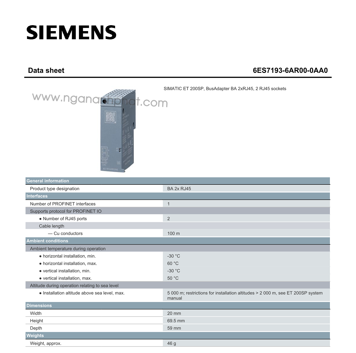 BusAdapter SIEMENS SIMATIC ET 200SP 6ES7193-6AR00-0AA0