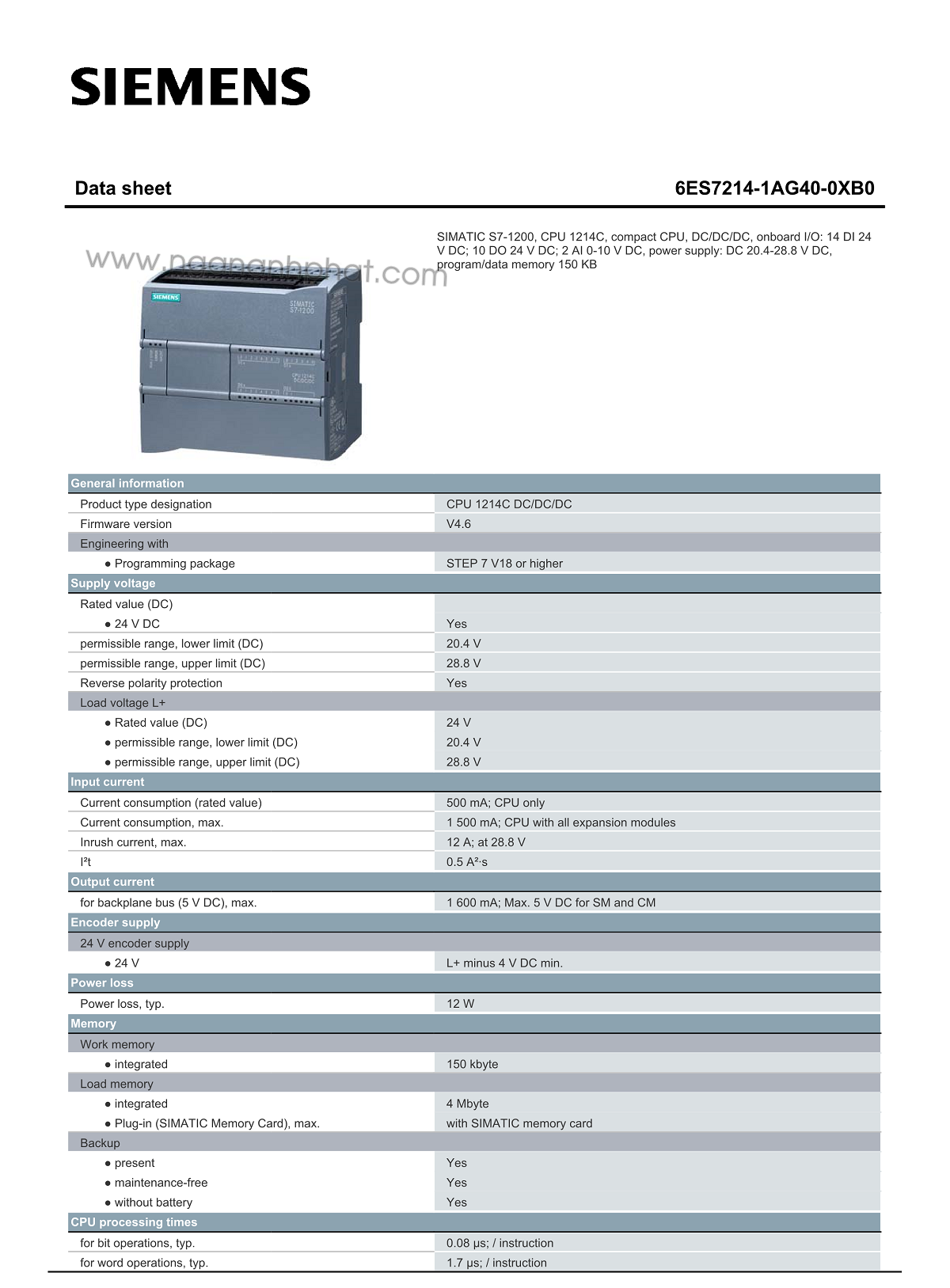 Bộ PLC Siemens S7-1200 CPU-1214C 6ES7214-1AG40-0XB0